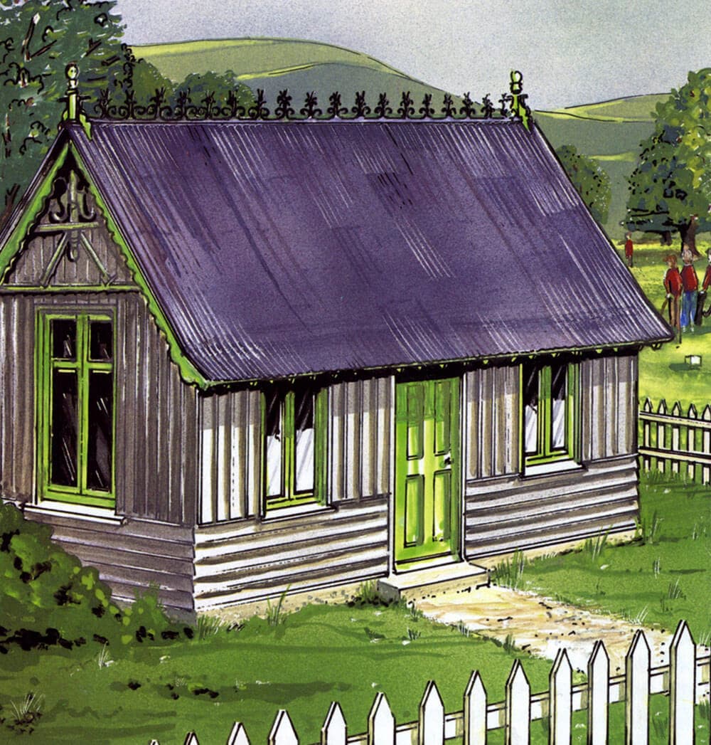 Colourful illustration of a Victorian-era corrugated iron cottage with a purple roof, green trim, decorative ridge cresting, and a white picket fence, set in a rural landscape with rolling green hills