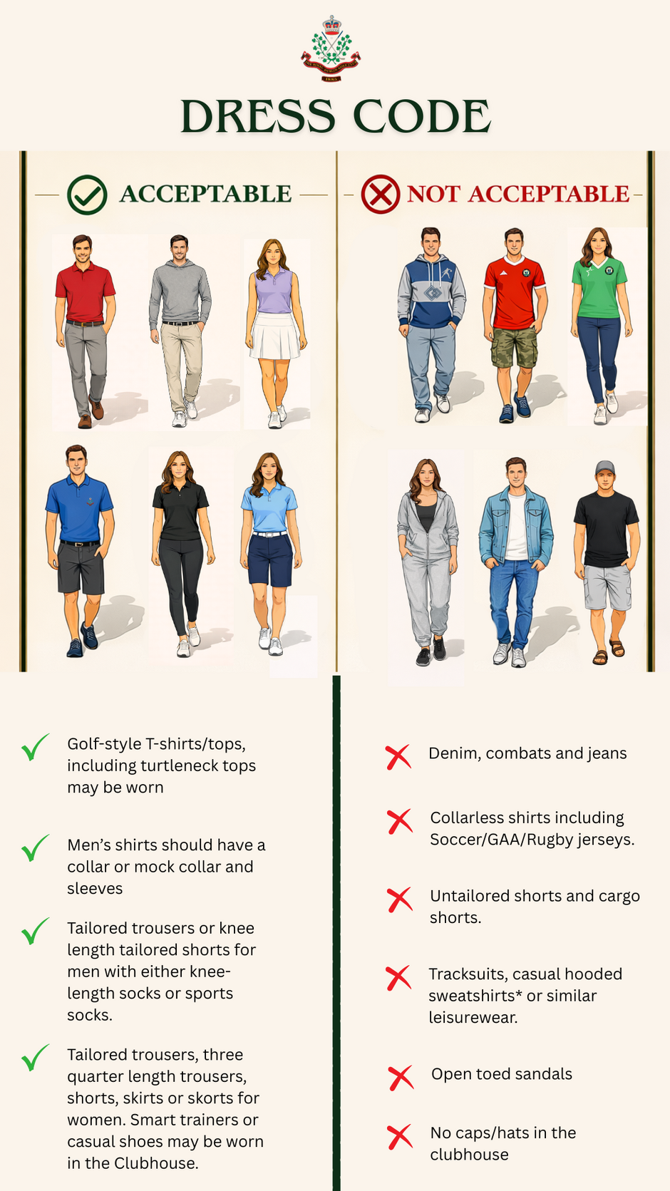 Golf Club of Dublin dress code policy poster detailing the required attire for players and visitors on the course and in the clubhouse