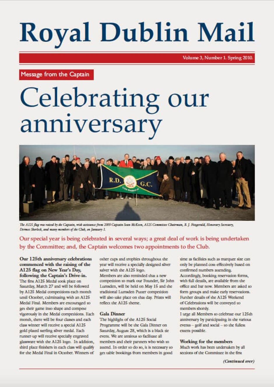 Front page of the Golf Club of Dublin Mail newsletter, Volume 3, Number 1, Spring 2010, featuring a Captain's message celebrating the club's 125th anniversary, with a group photograph of members raising the A125 commemorative flag on New Year's Day